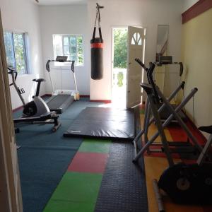 un gimnasio con dos máquinas de correr y un saco de boxeo en Happy Grove Lodge, en Happy Grove