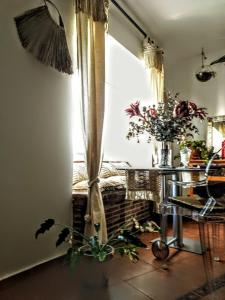 Sedella的住宿－Posada Puente Romano，一间设有窗户的房间和一张种植了植物的桌子