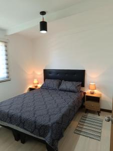 a bedroom with a black bed with two night stands at Refugio las Quemas in Futrono