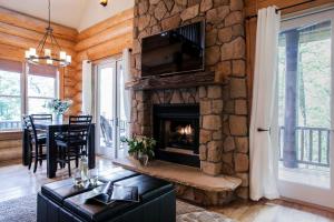 - un salon avec une cheminée en pierre et une télévision dans l'établissement Black Mountain Log Cabin Secluded, Pet-friendly 3BD with Hot Tub & Views!, à Black Mountain