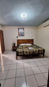 HOTEL CARMELITAS 42 في فيلاهيرموسا: غرفة نوم بسرير وأرضية من البلاط