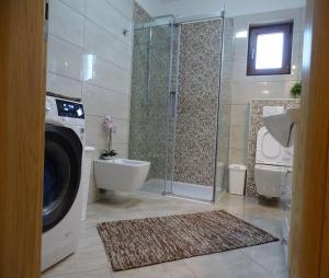 bagno con doccia e lavatrice. di Apartment-Roncevic-2-mit-Meeresblick a Slavonski Brod