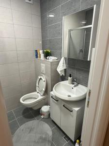 La salle de bains est pourvue de toilettes et d'un lavabo. dans l'établissement Lux Apartment 31, à Lukavica