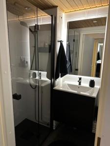 a bathroom with a sink and a shower and a mirror at Rewell Suite - Central location and nice view! in Vaasa