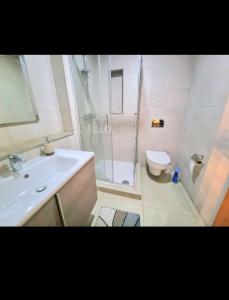 a bathroom with a sink and a shower and a toilet at Yasmine agadir Marocko in Agadir