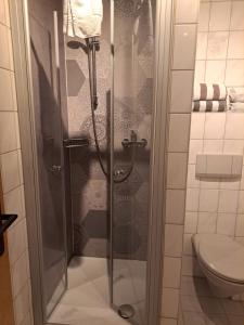 a shower stall in a bathroom with a toilet at Gasthaus Sonne GbR in Trennfeld