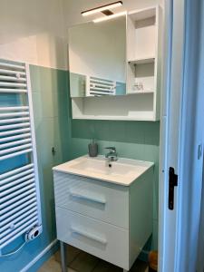 a bathroom with a white sink and green tiles at Petite maison indépendante in Nay