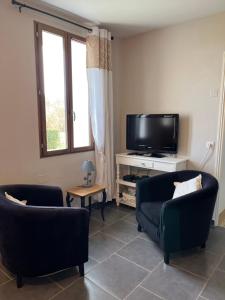 ein Wohnzimmer mit 2 Stühlen und einem Flachbild-TV in der Unterkunft Petite maison indépendante in Nay