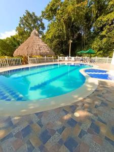 une grande piscine avec toit de chaume dans l'établissement Finca vacacional en Melgar - Capacidad max. 26, à Melgar