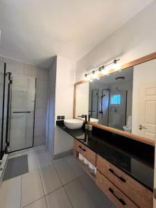 a bathroom with a sink and a mirror at Cosy suite in the heart of Ebene in Quatre Bornes