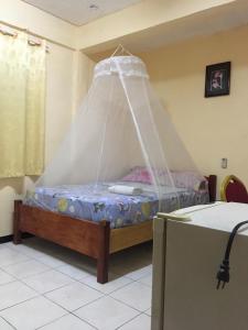 um quarto com uma cama com uma rede em Hotel Mangueira em Paramaribo