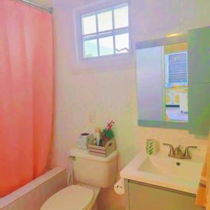 a bathroom with a toilet and a sink and a window at Beautiful House With Gazeebo Close to Beach in Ceiba