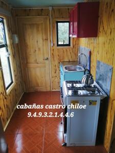 Cabañas castro chiloe في Punahuel: مطبخ مع موقد ومغسلة