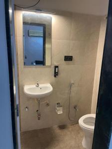 ein Bad mit einem Waschbecken und einem WC in der Unterkunft Fully Furnished Luxurious Terrace apartment in Pune