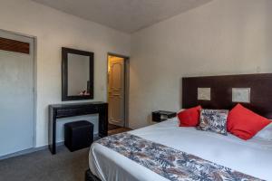 a bedroom with a bed with red pillows and a mirror at Suite de 1 Rec/ en Gta.Chapalita in Guadalajara
