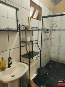 een badkamer met een wastafel, een douche en een toilet bij Casa Jasmim in Cavalcante