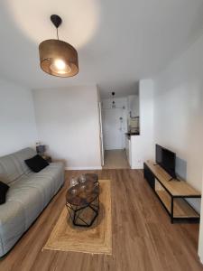ein Wohnzimmer mit einem Sofa und einem Tisch in der Unterkunft Charmant studio in Saint-Laurent-du-Var