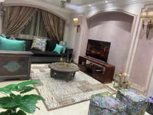 een woonkamer met een bank en een tv bij Apartment for rent Zamalek in Caïro