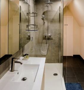 a bathroom with a sink and a shower at Guesthouse Orchid in Bruges