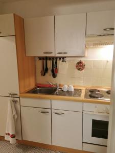 a kitchen with white cabinets and a sink at Privatwohnung im Stadtzentrum in Gießen