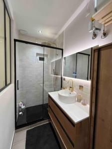La salle de bains est pourvue d'un lavabo et d'une douche. dans l'établissement Cosy appartement Bordeaux centre, à Bordeaux