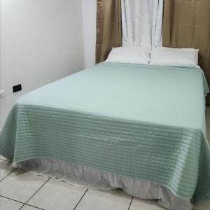 a bed with a green and white blanket on it at JAMI PLACE in Kingston
