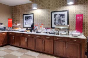 a kitchen with a counter with aasteryasteryasteryasteryasteryasteryasteryasteryastery at Hampton Inn Florence Midtown near University of North Alabama in Florence