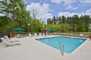 uma piscina com espreguiçadeiras e guarda-sóis ao lado em Hampton Inn - Greenville em Greenville