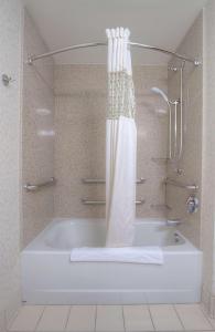 a bath tub with a shower curtain in a bathroom at Hampton Inn - Great Falls in Great Falls