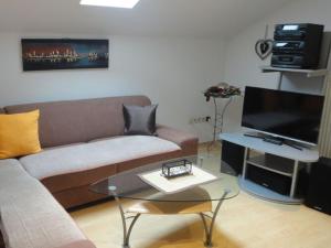 un soggiorno con divano e TV a schermo piatto di Holiday apartment Haus Rita a Hinterschmiding