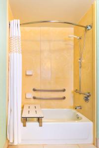 bagno con vasca e tenda doccia di Hampton Inn Huntsville-Arsenal/South Parkway a Huntsville
