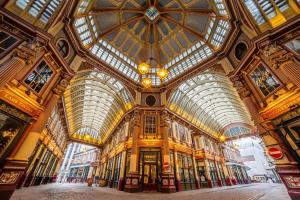 een groot gebouw met gewelfde plafonds en ramen in een winkelcentrum bij The Copper fields in Londen