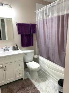 a bathroom with a toilet and a sink and a shower at Modern and Spacious Home in St. Vital in Winnipeg
