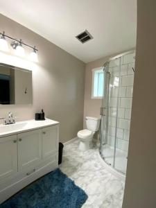 a bathroom with a shower and a toilet and a sink at Modern and Spacious Home in St. Vital in Winnipeg