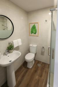 a bathroom with a toilet and a sink and a mirror at Modern Apartment With Garden in Fátima