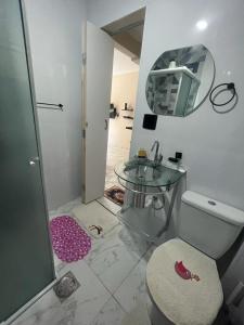 Apartamento em Ilha Porchat في ساو فيسينتي: حمام مع حوض ومرحاض ومرآة
