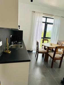 uma cozinha com um lavatório e uma mesa com cadeiras em Island style 2-bedroom apartment with pool "Ilava Boma" em Paje