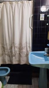 a bathroom with a shower curtain and a blue sink at Casa Nevenka in Mendoza