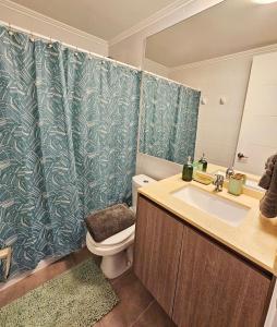 uma casa de banho com um WC e uma cortina de chuveiro em Edificio Lynch Centrico - entrego FACTURA em Iquique