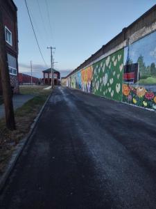 an empty street with graffiti on a wall at Unique Center Of Downtown Elmira in Elmira