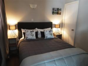 a bedroom with a bed with pillows and two lamps at Aorangi Motel in Fairlie