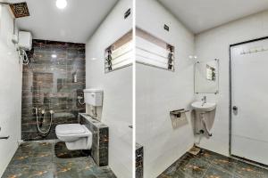 Capital O Hotel Maple View في Naroda: حمام مع مرحاض ومغسلة
