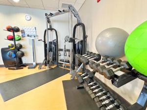 un gimnasio con equipo de ejercicios y una gran bola de ejercicios en Chateau Inn & Suites Bonnyville en Bonnyville