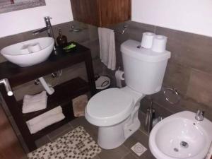 uma casa de banho com um WC branco e um lavatório. em Casa en Barrio Cerrado El Quijote em San Carlos