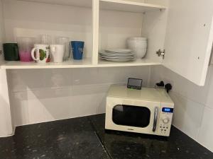 un microondas sentado en una encimera en una cocina en one bedroom flat near Vauxhall train station London en Londres