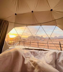 a bed with a view of the desert from a window at Rum Elegant luxury camp in Wadi Rum