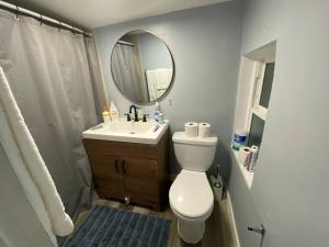 a bathroom with a toilet and a sink and a mirror at Charming Victorian Vacation Rental - Walking Distance BART in Oakland