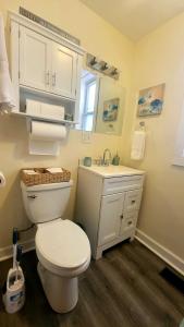 a white bathroom with a toilet and a sink at Chateau de Woodlawn - Room III - The Dream Catcher in Chicago