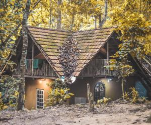 una casa en el bosque con un techo oxidado en Cave N Falls Nature Resort & Water Park, en Kitulgala