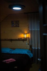 una camera da letto con un letto e una luce sul muro di Чан Баня Басейн a Mizhhirya Altre 24 foto